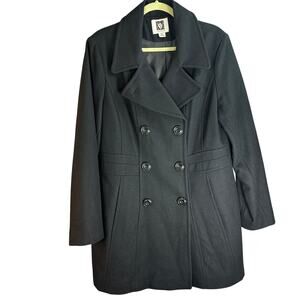 Anne Klein Womens XL Black Wool Blend Double Breasted Peacoat Long Jacket